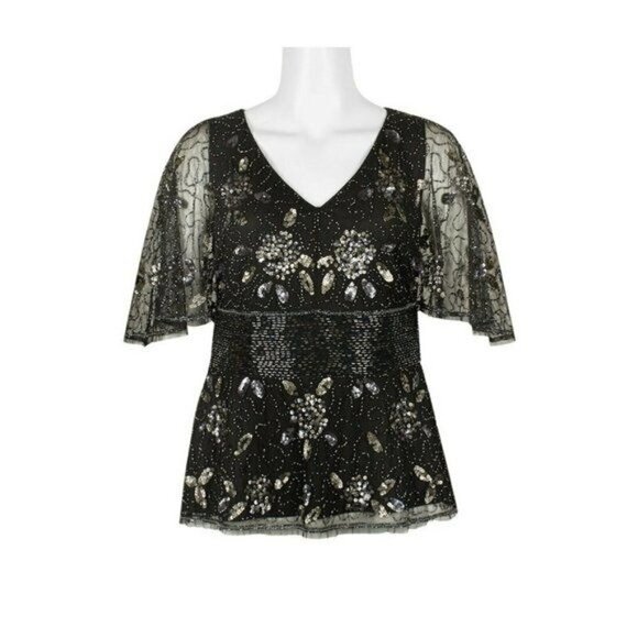 Women's 6 Adrianna Papell Embellished Capelet Top BLACK SEQUINS BEADS MESH - Picture 4 of 8